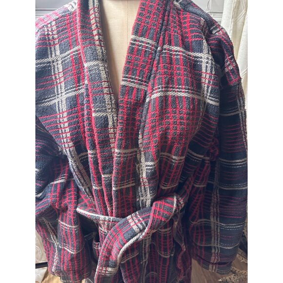 Men’s Majestic International Red & Gray Plaid Cotton Bathrobe O/S  Pockets Thick - Picture 5 of 10